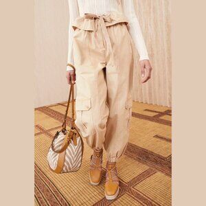 Ulla Johnson Alden Foldover Drawstring Cotton Pants In Khaki Size 10